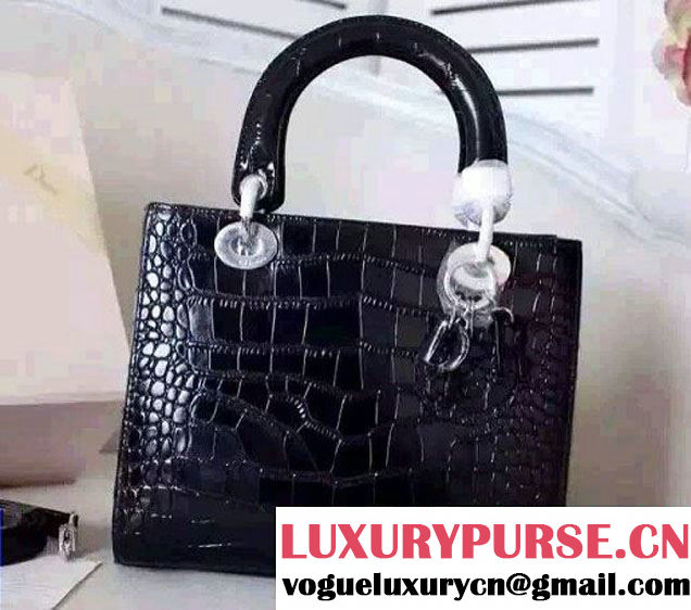 Lady Dior Crocodile Pattern Medium Bag Black 2015