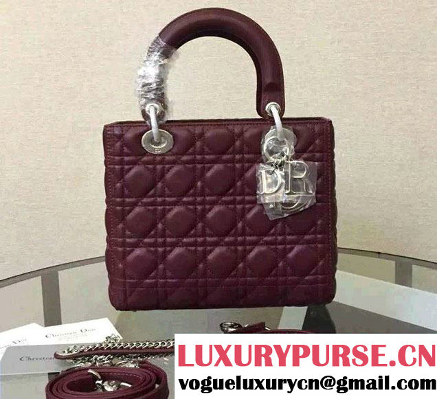 Lady Dior Sheepskin Medium Bag Burgundy with Crystal Chain 2016