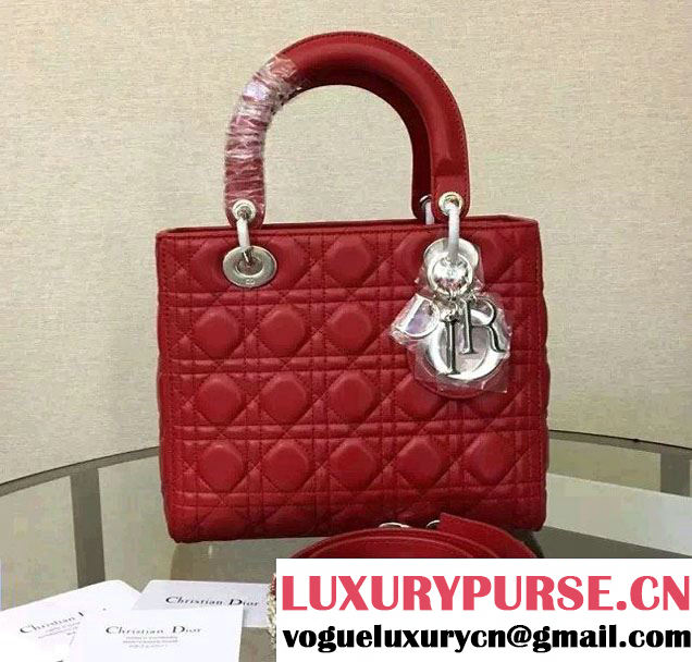 Lady Dior Sheepskin Medium Bag Red with Crystal Chain 2016