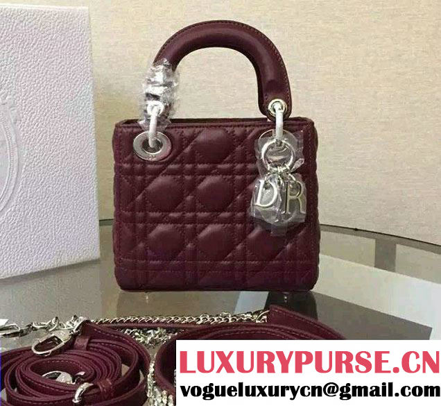 Lady Dior Sheepskin Mini Bag Burgundy with Crystal Chain 2016