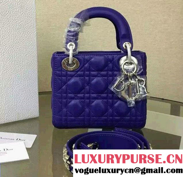 Lady Dior Sheepskin Mini Bag Blue with Crystal Chain 2016