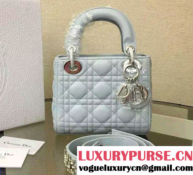 Lady Dior Sheepskin Mini Bag Pale Blue with Crystal Chain 2016