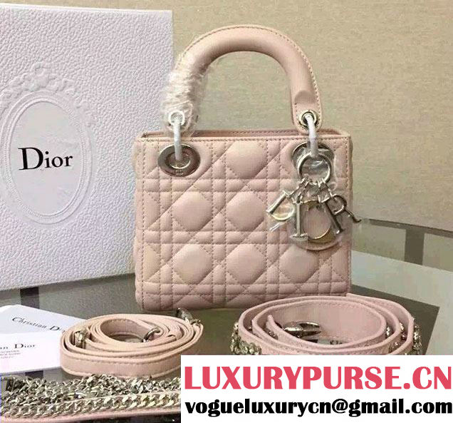 Lady Dior Sheepskin Mini Bag Nude Pink with Crystal Chain 2016