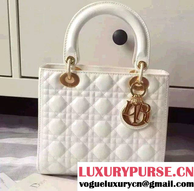 Lady Dior Medium Bag in Patent Leather White With Gold Hardware