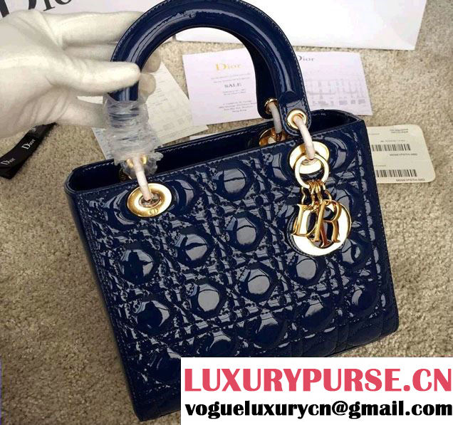 Lady Dior Medium Bag in Patent Leather Navy Blue With Gold Hardware