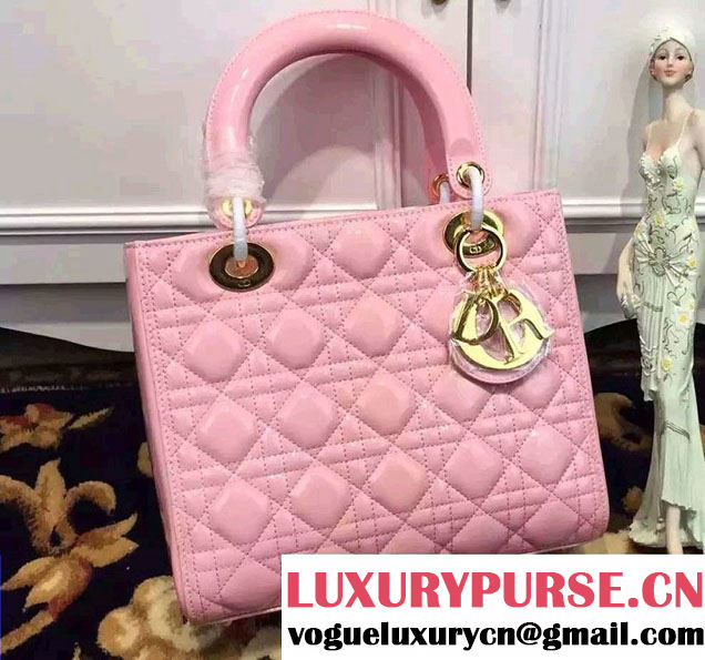 Lady Dior Medium Bag in Patent Leather Pink With Gold Hardware