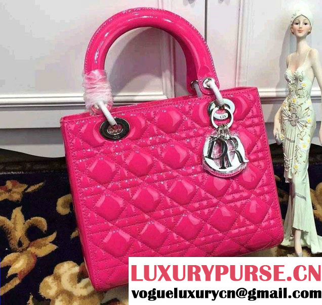 Lady Dior Medium Bag in Patent Leather Fushia With Silver Hardware