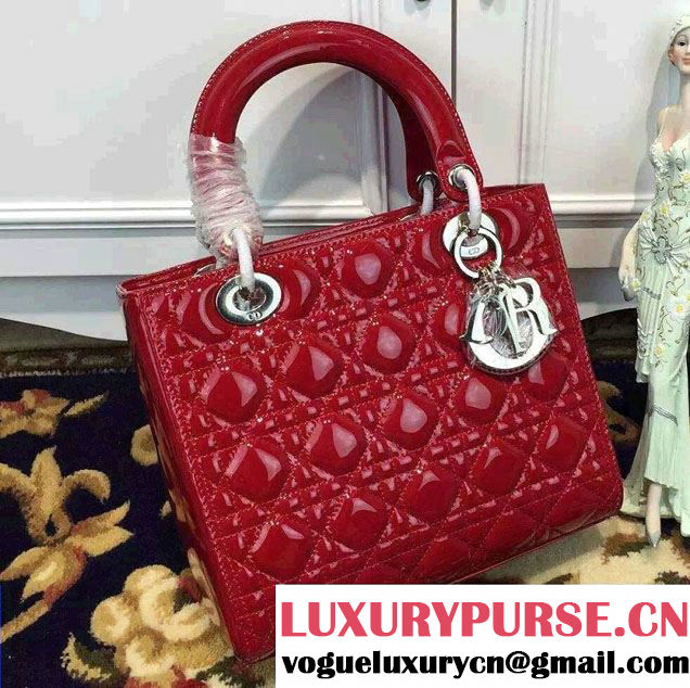 Lady Dior Medium Bag in Patent Leather Dark Red With Silver Hardware