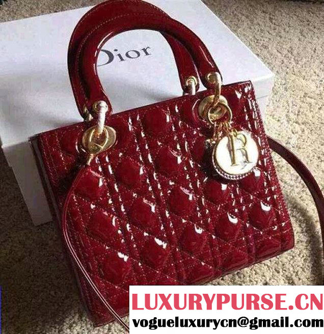 Lady Dior Medium Bag in Patent Leather Dark Red With Gold Hardware