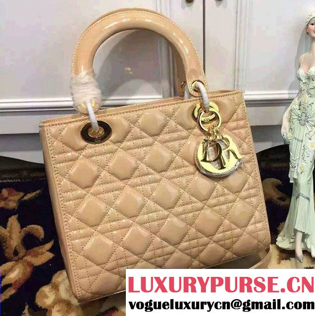 Lady Dior Medium Bag in Patent Leather Apricot With Gold Hardware