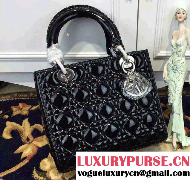 Lady Dior Medium Bag in Patent Leather Black With Silver Hardware