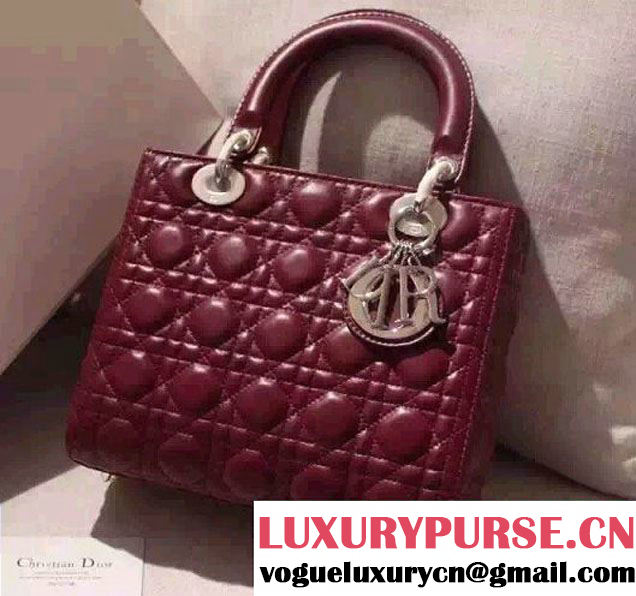 Lady Dior Medium Bag in Sheepsin Leather Dark Red With Silver Hardware