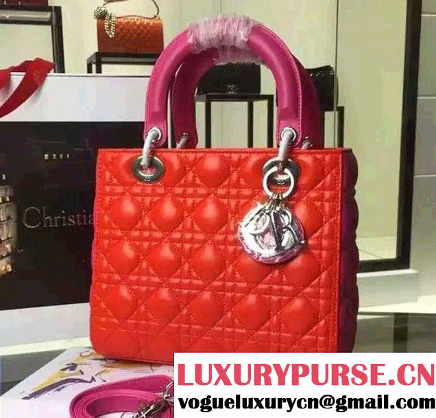 Lady Dior Medium Bag in Sheepsin Leather Red/Fushia With Silver Hardware