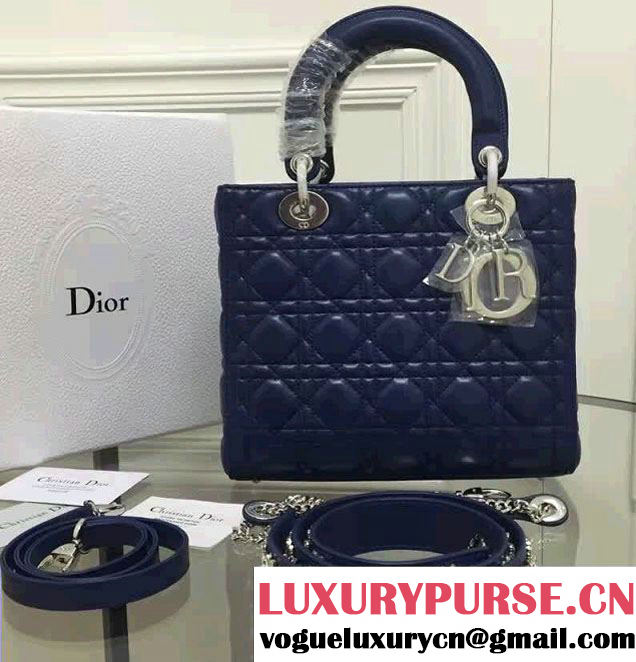 Lady Dior Sheepskin Medium Bag Royal Blue with Embroidered Crystal Chain Shoulder Strap 2016