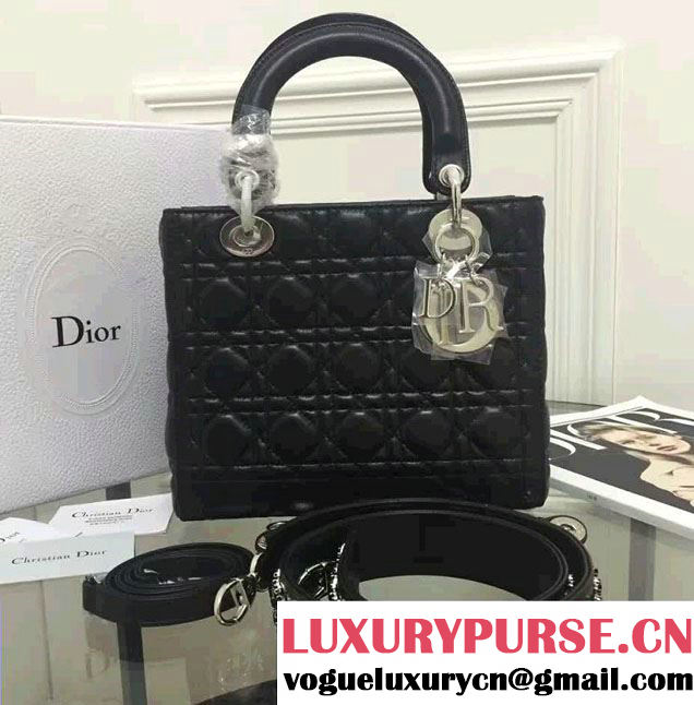 Lady Dior Sheepskin Medium Bag So Black with Embroidered Crystal Chain Shoulder Strap 2016