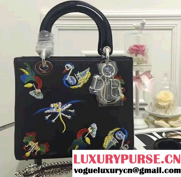 Lady Dior Calfskin Embroidered with Animals Medium Bag Black Fall 2016