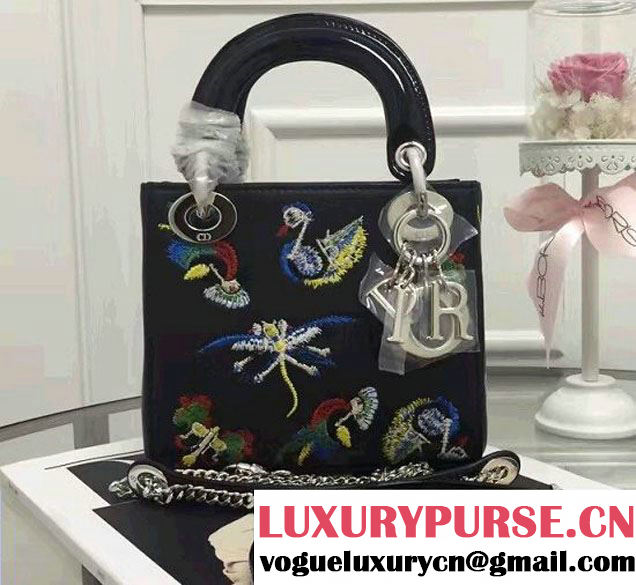 Lady Dior Calfskin Embroidered with Animals Mini Bag Black Fall 2016