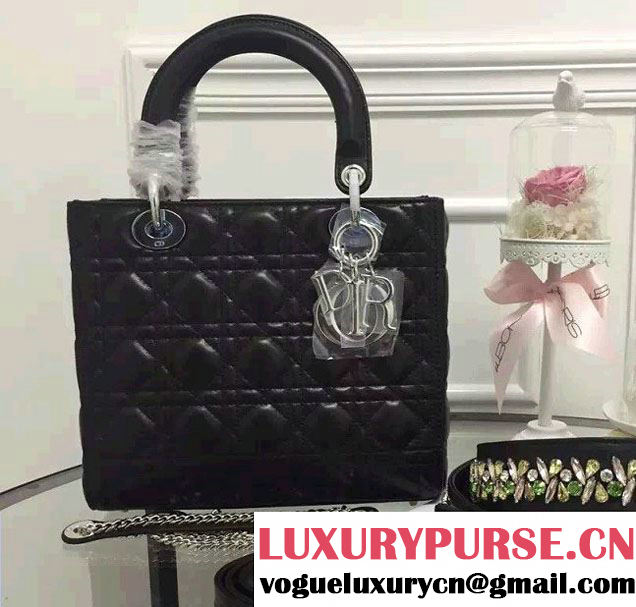 Lady Dior Sheepskin Medium Bag Black/Multicolor with Embroidered Crystal Chain Shoulder Strap 2016