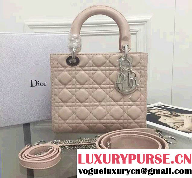 Lady Dior Sheepskin Medium Bag Nude Pink with Embroidered Crystal Chain Shoulder Strap 2016