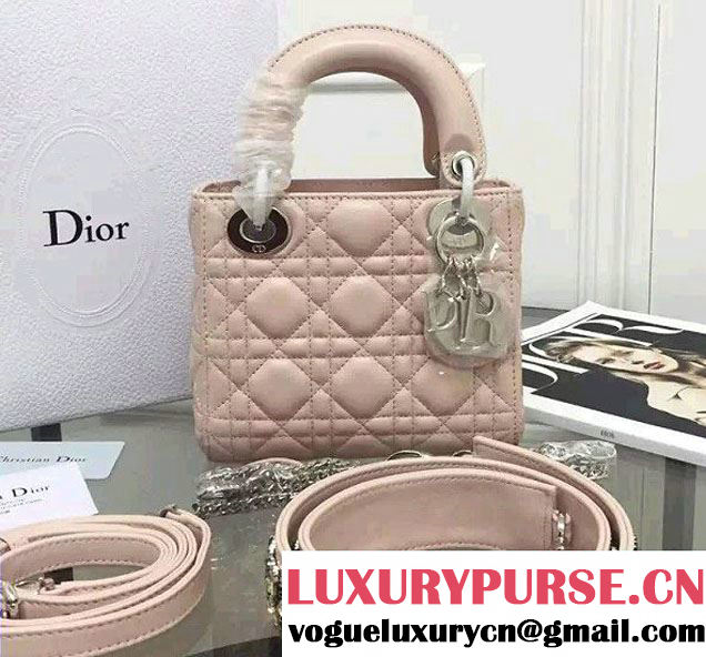 Lady Dior Sheepskin Mini Bag Nude Pink/Multicolor with Embroidered Crystal Chain Shoulder Strap 2016