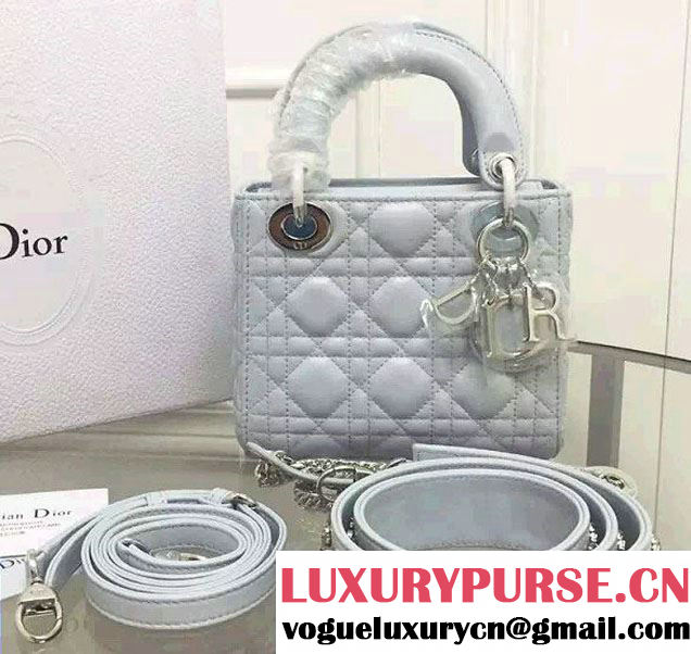 Lady Dior Sheepskin Mini Bag Pale Blue/Multicolor with Embroidered Crystal Chain Shoulder Strap 2016