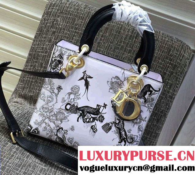 Lady Dior Laser-Printed Animals Patent Calfskin Bag Black/White 2016