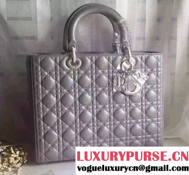 Lady Dior Large Bag in Lambskin Leather Pearl Gray/Silver