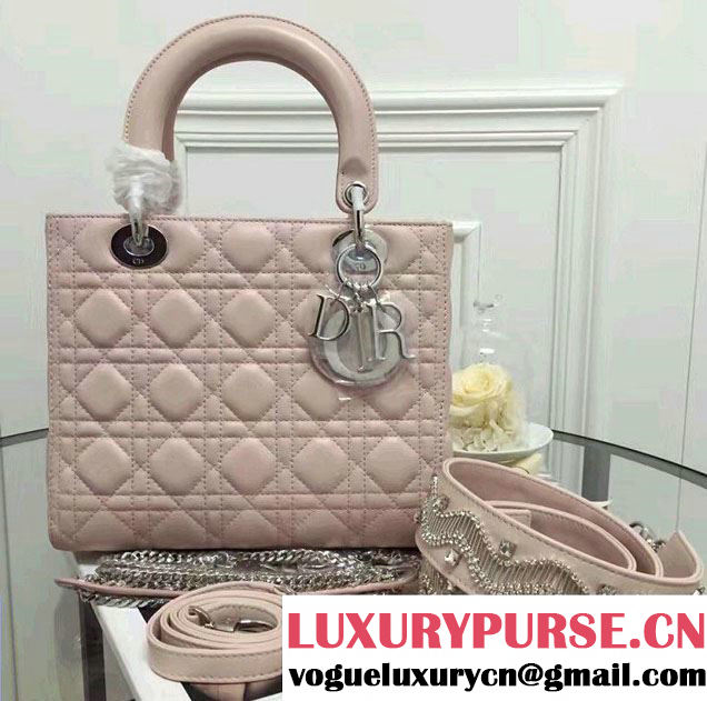 Lady Dior Lambskin Medium Bag Nude Pink With Embroidered Crystals Strap Winter 2016