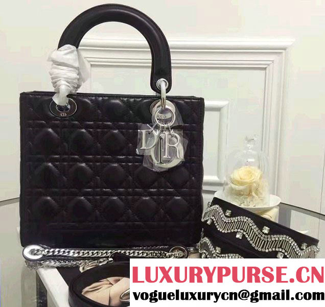 Lady Dior Lambskin Medium Bag Black With Embroidered Crystals Strap Winter 2016