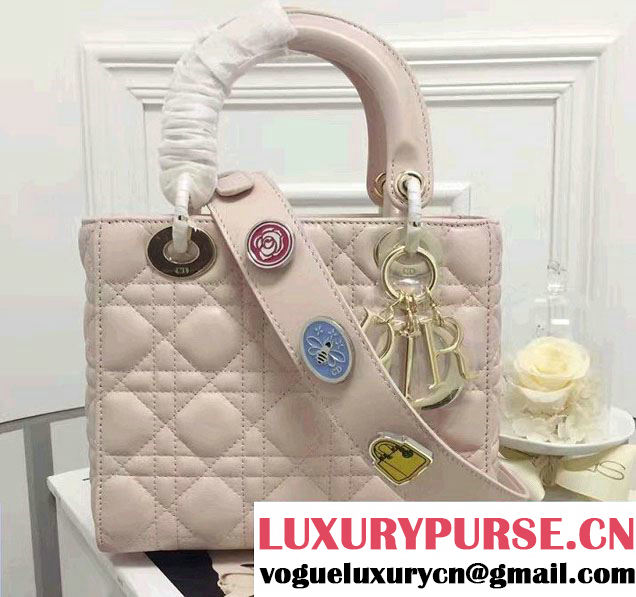 Lady Dior Lambskin Bag Nude Pink With Embroidered Lucky Badges Strap Cruise 2017