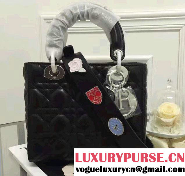 Lady Dior Lambskin Bag Black/Silver With Embroidered Lucky Badges Strap Cruise 2017