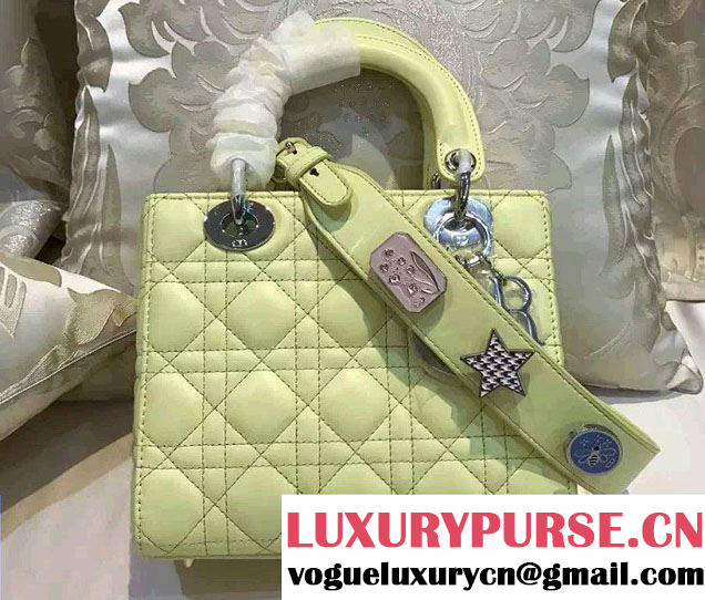 Lady Dior Lambskin Bag Lemon Yellow With Embroidered Lucky Badges Strap Cruise 2017