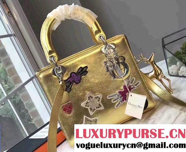 Lady Dior Bag Gold/Silver In Metallic Grained Leather Embroidered With Badges 2017