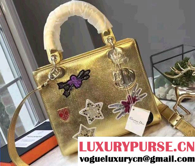 Lady Dior Bag Gold/Gold In Metallic Grained Leather Embroidered With Badges 2017