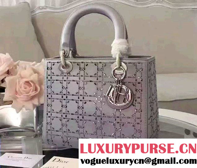 Lady Dior Medium Bag with Crystal Embellishments Gray 2017