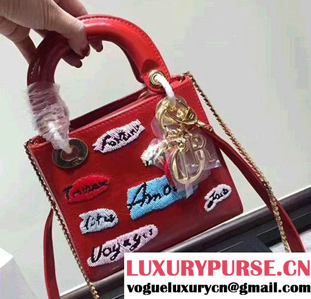 Lady Dior Calfskin Embroidered With Letters Mini Bag Red