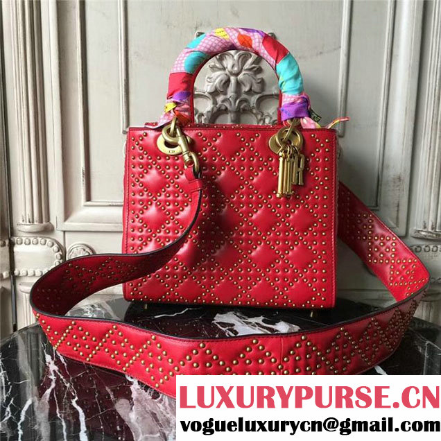 Christian Dior Supple Lady Dior Studded Tote Bag 24cm Gold Hardware Cannage Lambskin Leather Fall Winter 2017 Collection Red