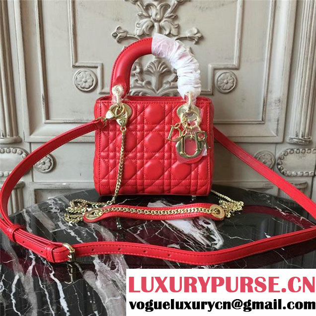 Christian Dior Lady Dior Bag with Chain 18cm Gold Hardware Cannage Supple Lambskin Leather Cruise 2017 Collection Bright Red