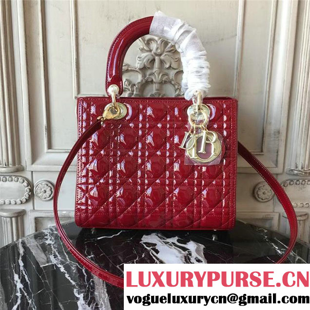 Christian Dior Lady Dior Bag 24cm Gold Hardware Cannage Patent Lambskin Leather Fall Winter 2017 Collection Burgundy Red