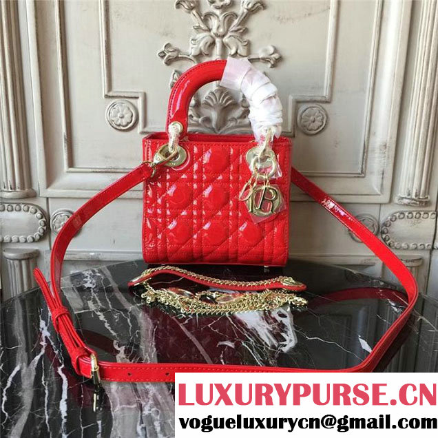 Christian Dior Lady Dior Bag with Chain 18cm Gold Hardware Cannage Patent Lambskin Leather Fall Winter 2017 Collection Red