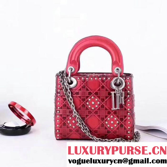 Christian Dior Lady Dior Studded Flower Bag 18cm Aged Silver Hardware Heat Embossed Cannage Calfskin Leather Cruise 2018 Collection Red