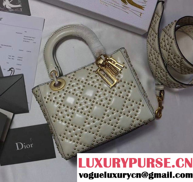 Christian Dior Supple Lady Dior Studded Tote Bag 20cm Vintage Hardware Cannage Lambskin Leather Fall Winter 2017 Collection White