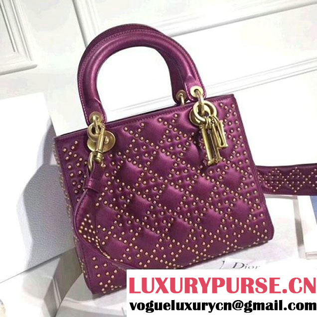 Dior Supple Lady Dior Large Bag in Studded Lambskin Purple 2017 (XXG-7120772 )