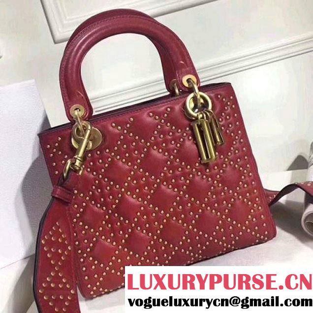 Dior Supple Lady Dior Large Bag in Studded Lambskin Red 2017 (XXG-7120770 )