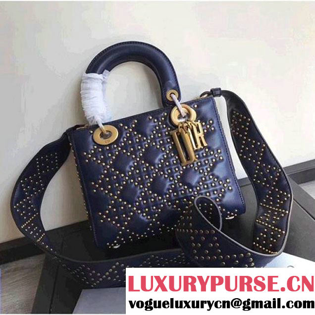 Dior Supple Lady Dior Medium Bag in Studded Lambskin Deep Blue 2017 (XXG-7120762 )