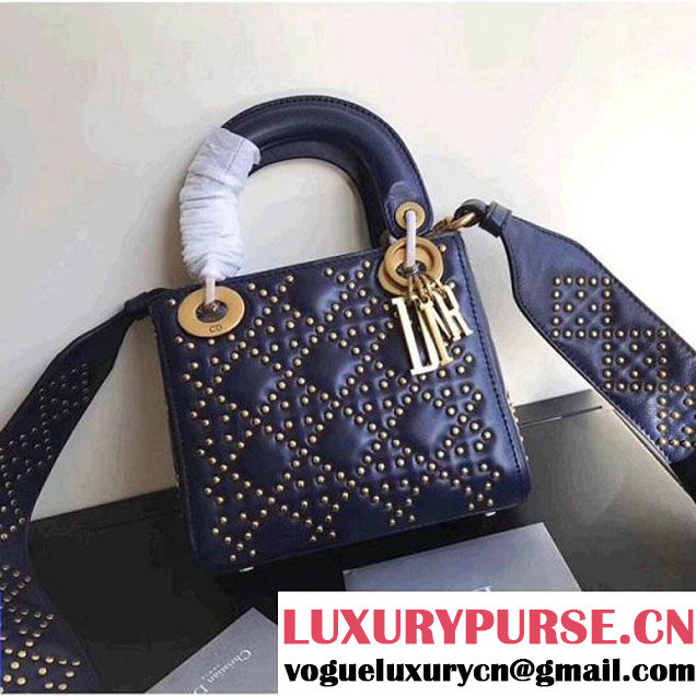 Dior Supple Lady Dior Mini Bag in Studded Lambskin Deep Blue 2017 (XXG-7120760 )