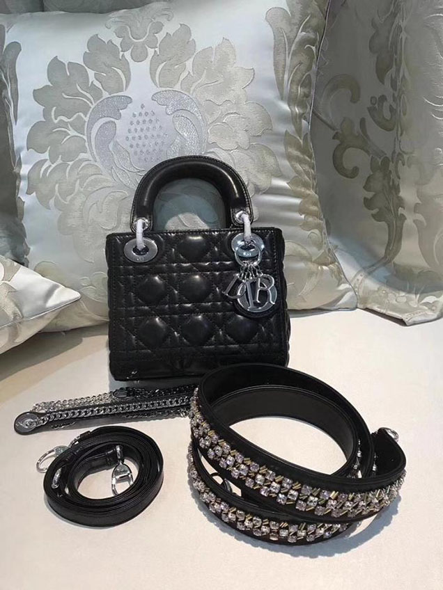 Christian Dior Lady Dior Bag with Crystal Shoulder Strap 17cm Silver Hardware Fall Winter 2017 Collection Black