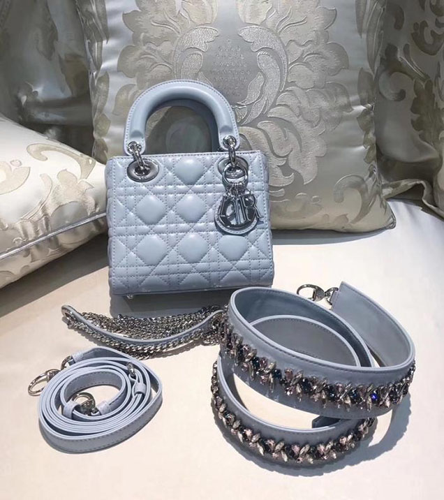 Christian Dior Lady Dior Bag with Crystal Shoulder Strap 17cm Silver Hardware Fall Winter 2017 Collection Powder Blue