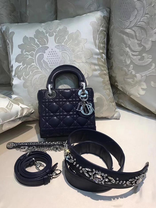 Christian Dior Lady Dior Bag with Crystal Shoulder Strap 17cm Silver Hardware Fall Winter 2017 Collection Dark Blue