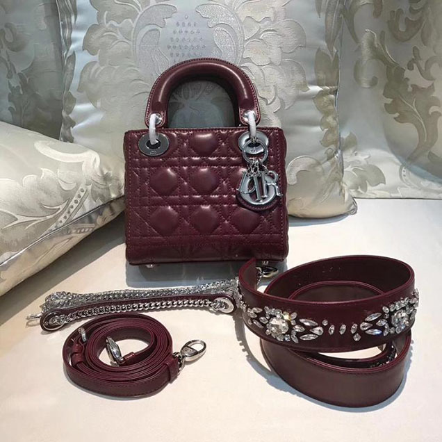 Christian Dior Lady Dior Bag with Crystal Shoulder Strap 17cm Silver Hardware Fall Winter 2017 Collection Burgundy